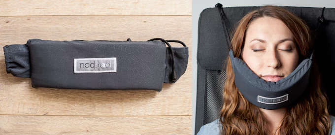 Head hammock' neck pillow helps you sleep on a plane