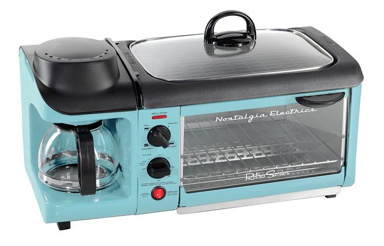 Nostalgia 3-in-1 retro 50's style breakfast station - breakfast appliance combines coffee maker, cooking griddle, and toaster-oven