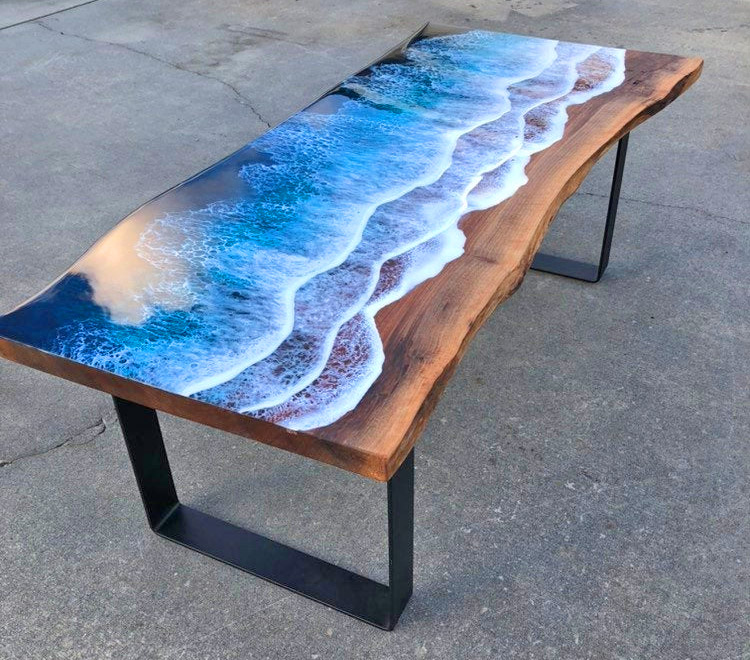 Wooden Slab Table With Ocean Waves Washing Onto Shore - Incredible design resin ocean waves coffee table