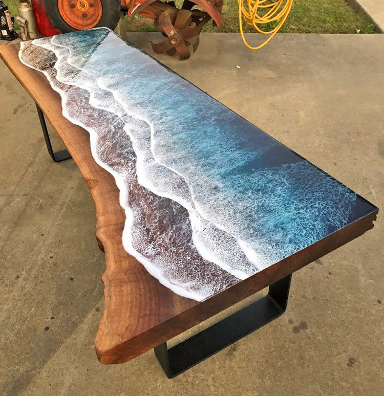 Ocean Waves Console Table, Resin on Live Edge Wood