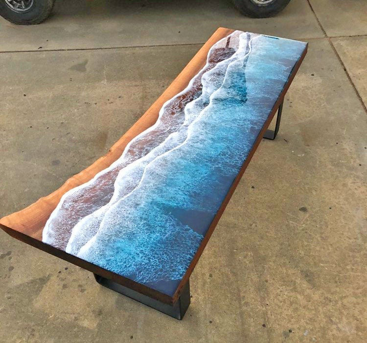 Wooden Slab Table With Ocean Waves Washing Onto Shore - Incredible design resin ocean waves coffee table
