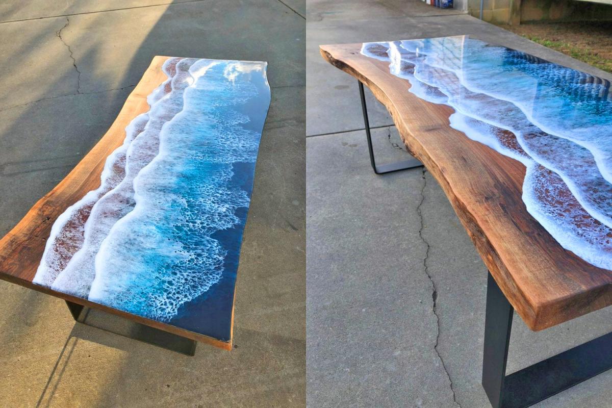 Wooden Slab Table With Ocean Waves Washing Onto Shore - Incredible design resin ocean waves coffee table