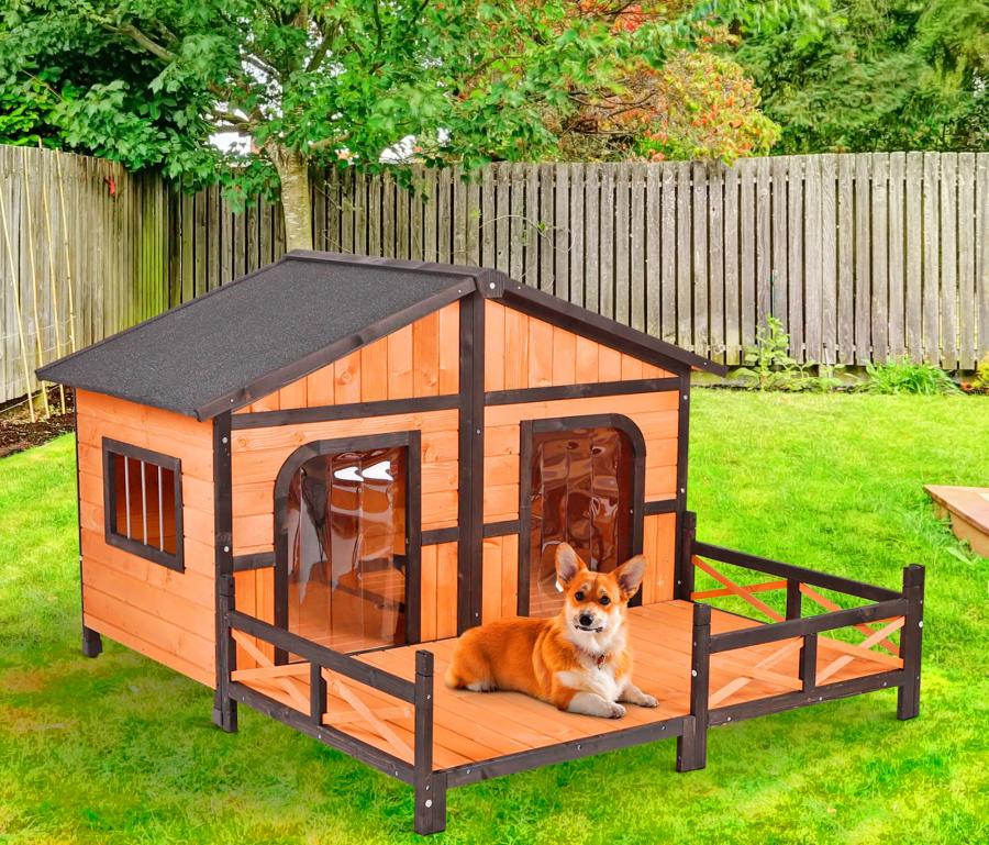 Outdoor Double Doghouse With a Deck