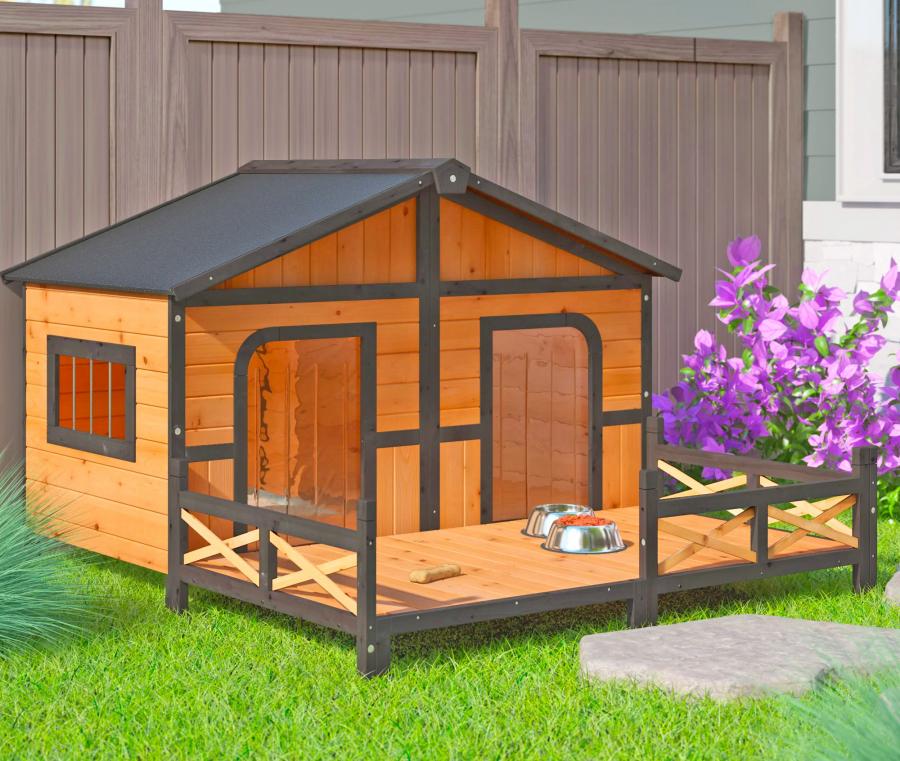 Outdoor Double Doghouse With a Deck