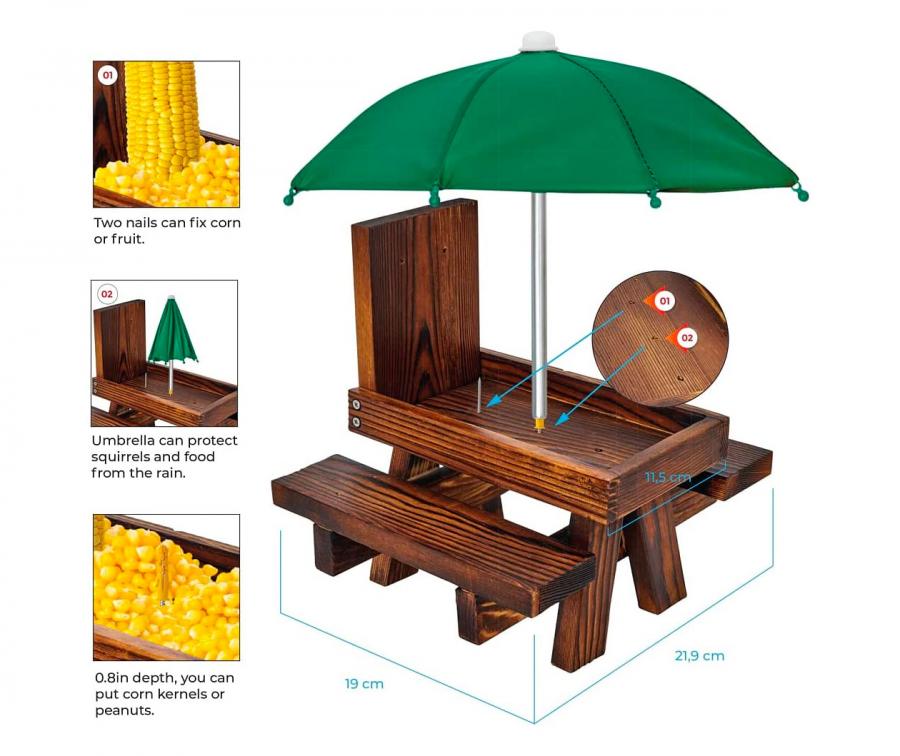 Petyoung Wooden Squirrel Feeder With Umbrella & Corn Cob Holder – Outdoor Garden Decor For Squirrel Watching