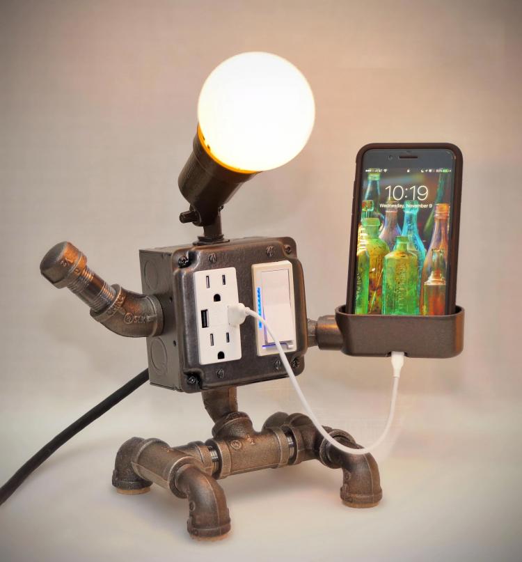 Pipe Robot Lamp, Plug, And Gadget Holder - Steampunk Industrial Pipe Robot Desk Ornament