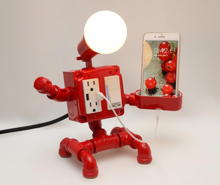 Pipe Robot Lamp, Plug, And Gadget Holder - Steampunk Industrial Pipe Robot Desk Ornament