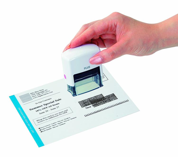 Plus Guard Rolling Black-Out Stamp - Random letters stamp out personal information, names, addresses, and confidential documents