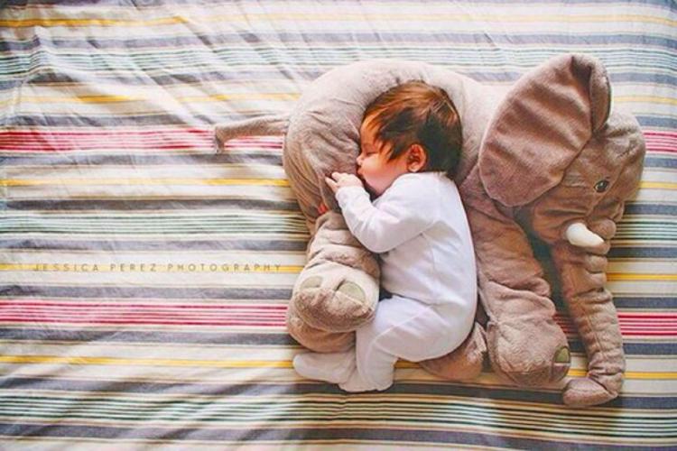 baby with stuffed elephant