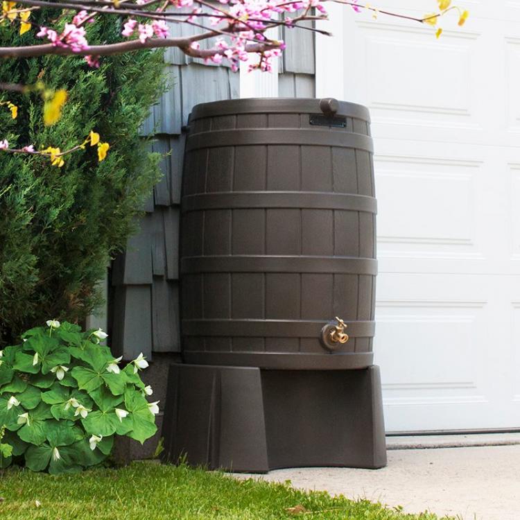 Whiskey Barrel Rain Barrel - Rain Wizard connects to your gutter downspout