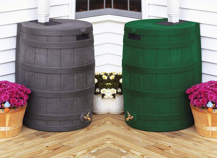 Whiskey Barrel Rain Barrel - Rain Wizard connects to your gutter downspout