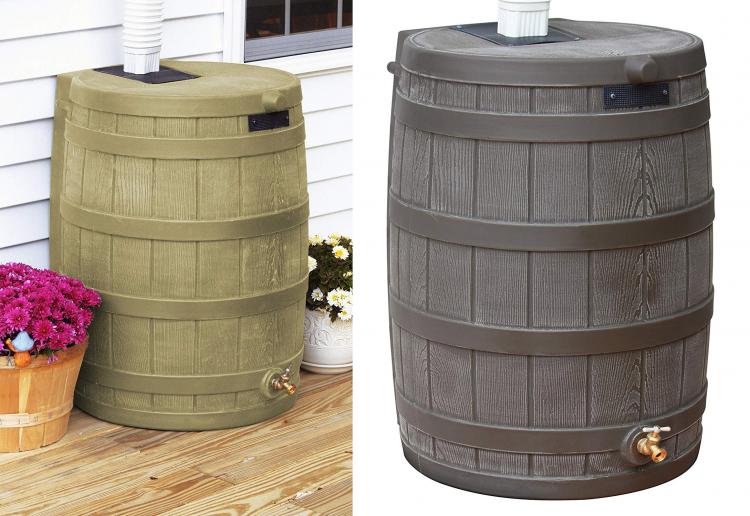 Whiskey Barrel Rain Barrel - Rain Wizard connects to your gutter downspout