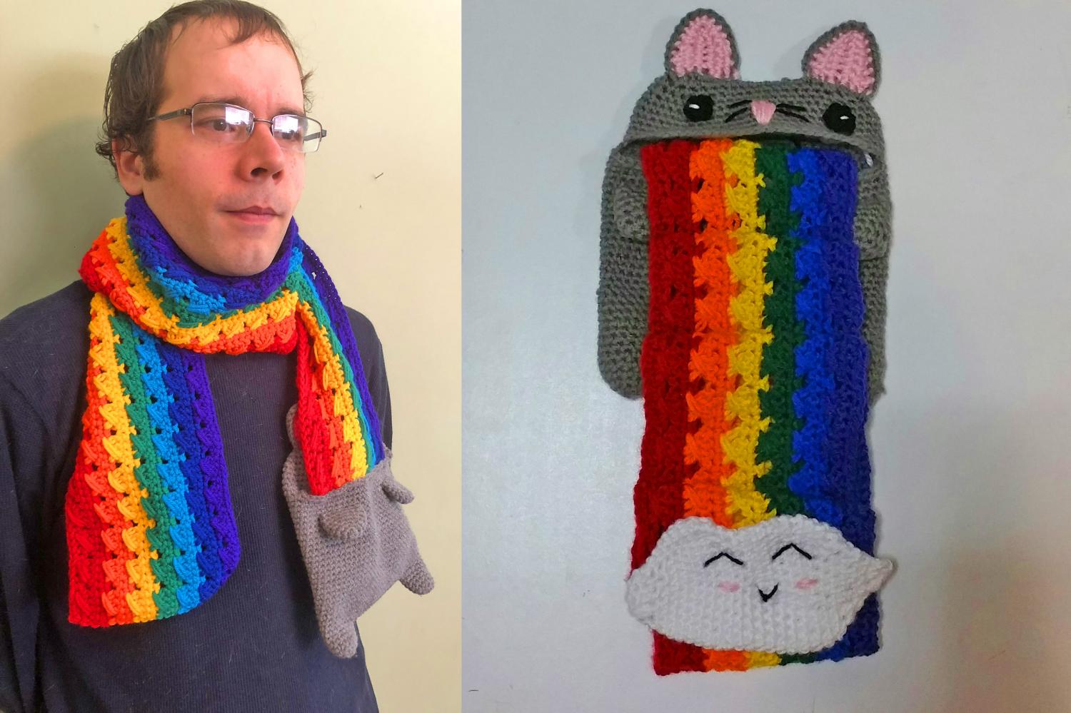 Puking Rainbow Crochet Cat Scarf - Rainbow Barf Cat Plush Scarf