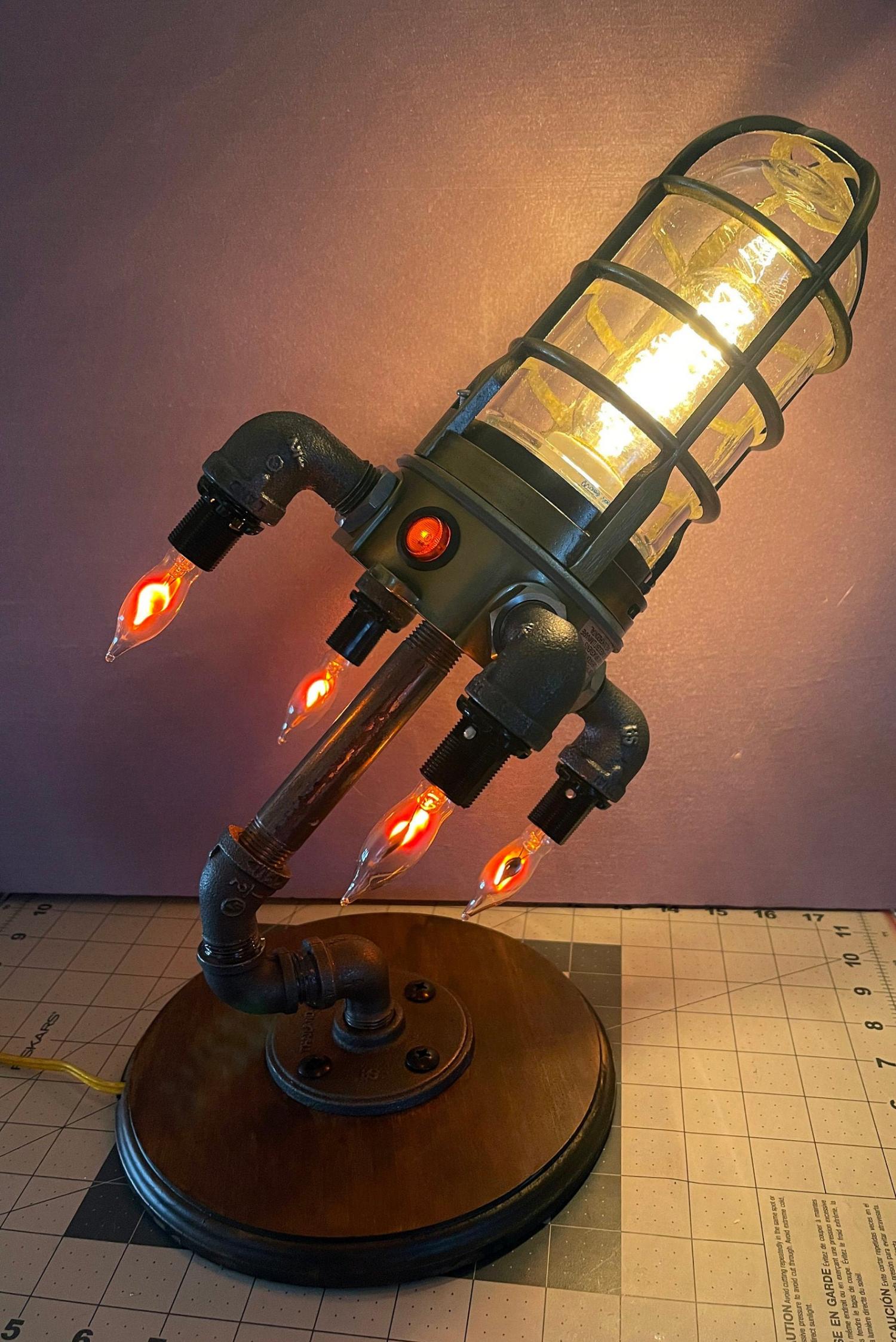 Retro Rocketship Desk Lamp Made From Pipes