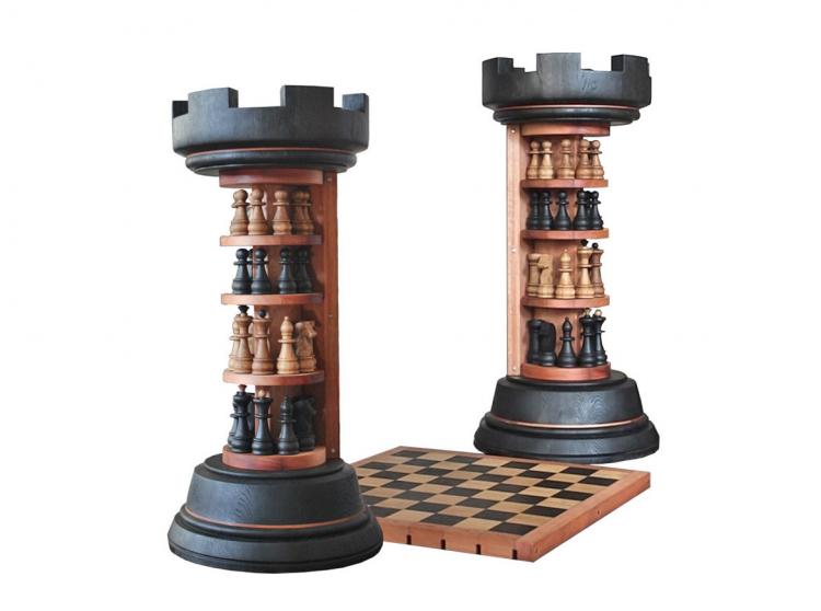 Rook Tower Pack-away Wooden Chess Board - Rook piece shaped wooden chess board - beautiful design wooden chess board with flexible board