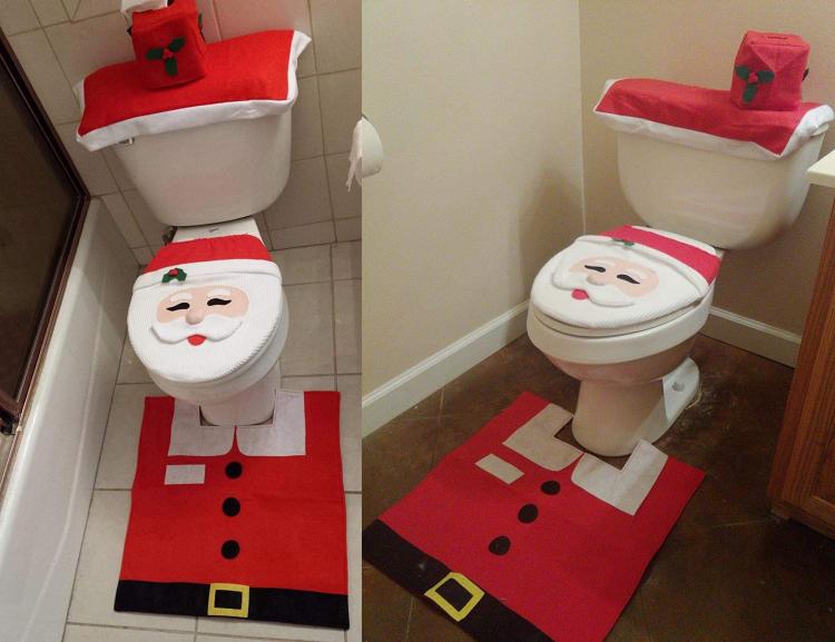 Santa Toilet Cover And Rug Set With Integrated Tissue Box Holder