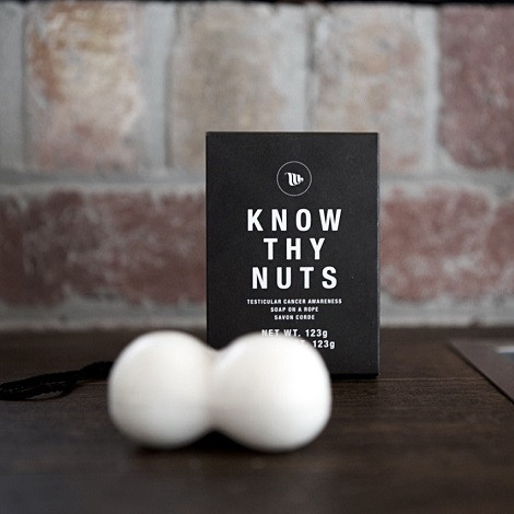 Know Thy Nuts scrotum shaped bar of soap on a rope