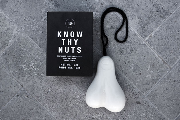 Know Thy Nuts scrotum shaped bar of soap on a rope