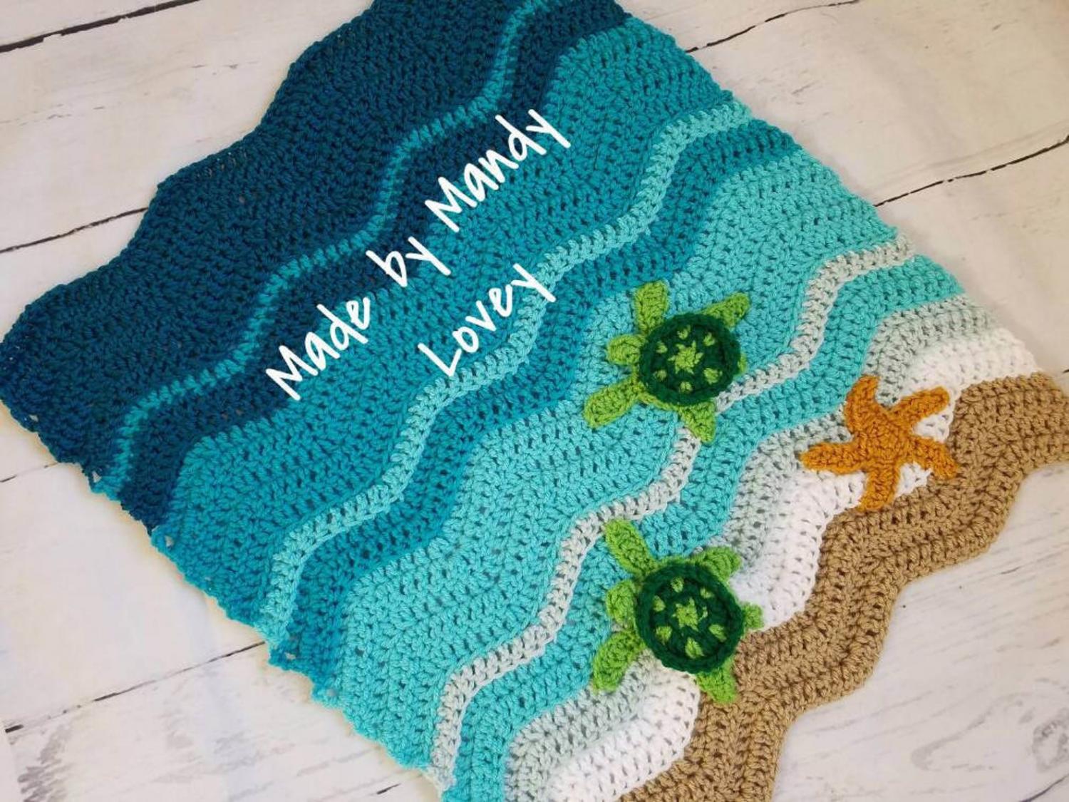 Sea Turtle Beach Blanket - DIY Crochet Sea Turtles Entering The Water On Beach Blanket