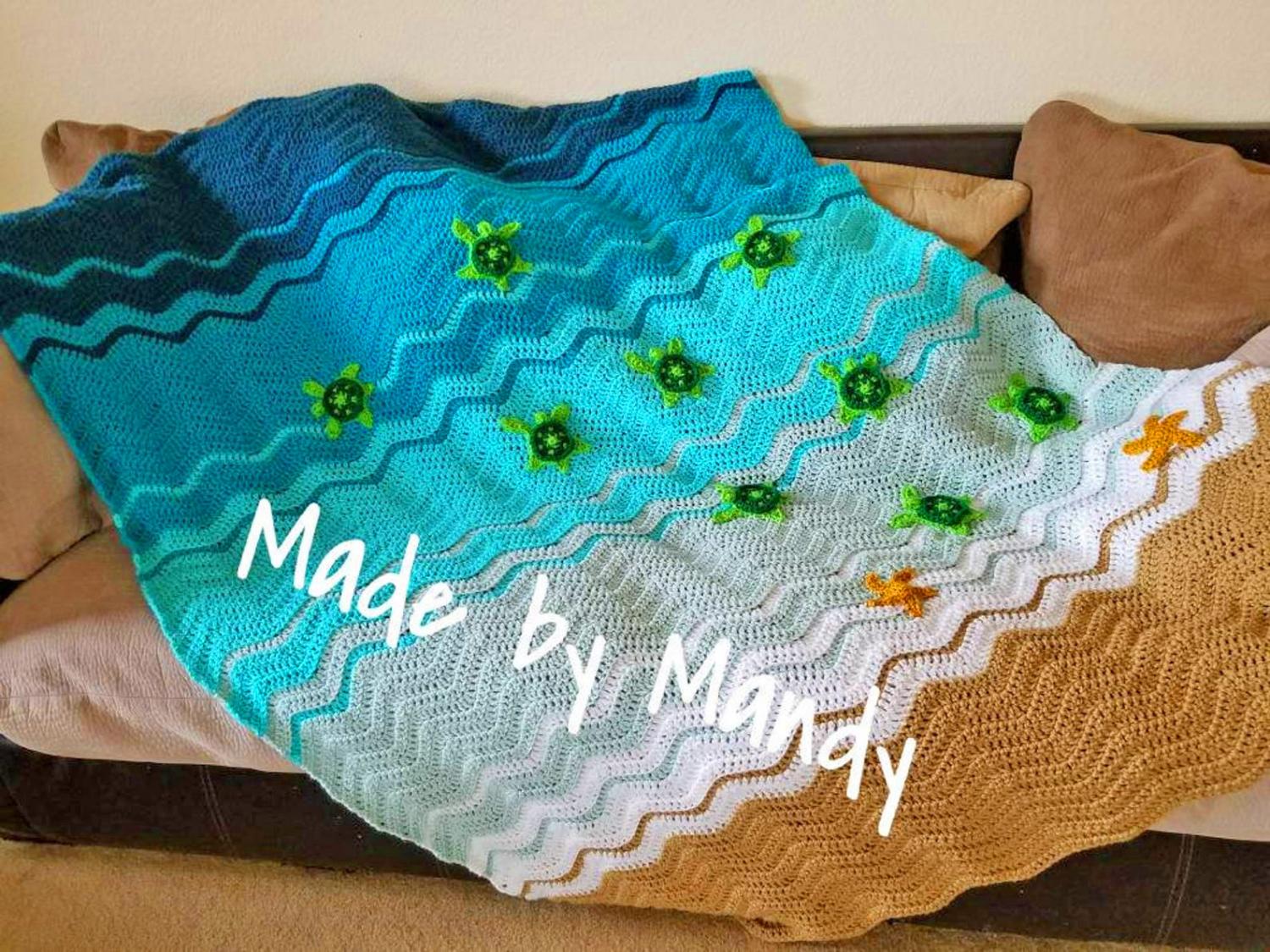 Sea Turtle Beach Blanket - DIY Crochet Sea Turtles Entering The Water On Beach Blanket