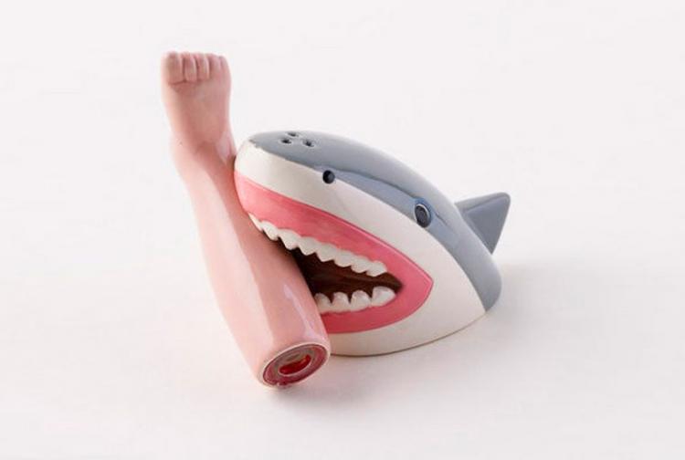 Shark Attack With Bloody Foot Salt and Pepper Set - Severed Foot Shark Attack Seasoning Set