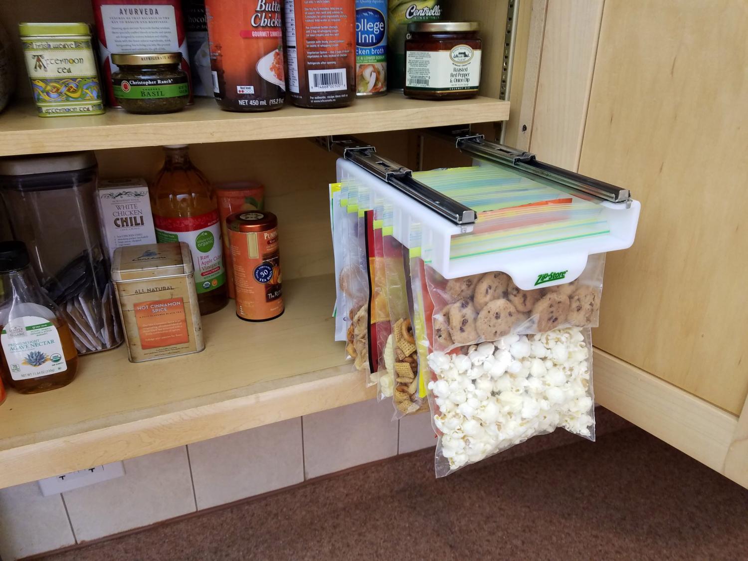 The Zip n Store Is a Slide Out Organizer For Ziploc Bags In The Fridge