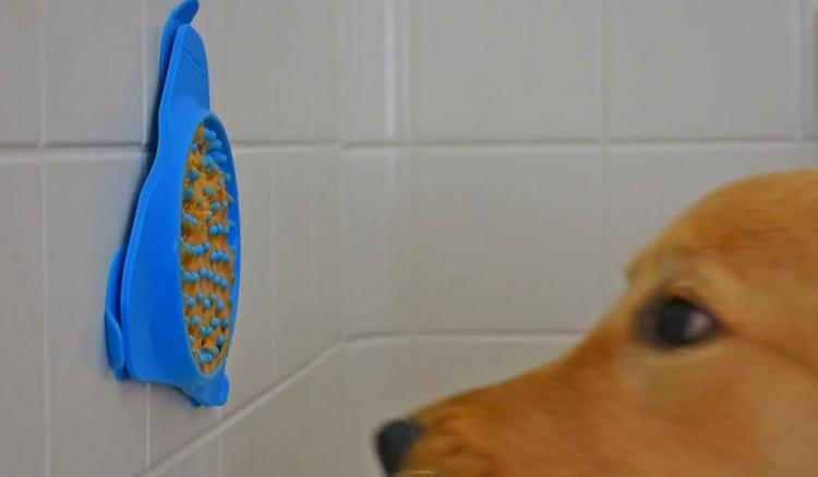Slow Treater: Wall Mounted Treat Lick To Distract Dogs While Bathing - Peanut butter dog bath distraction tool