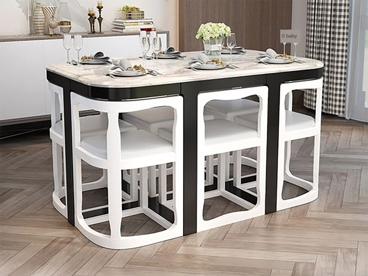 space saving dining table and 6 chairs