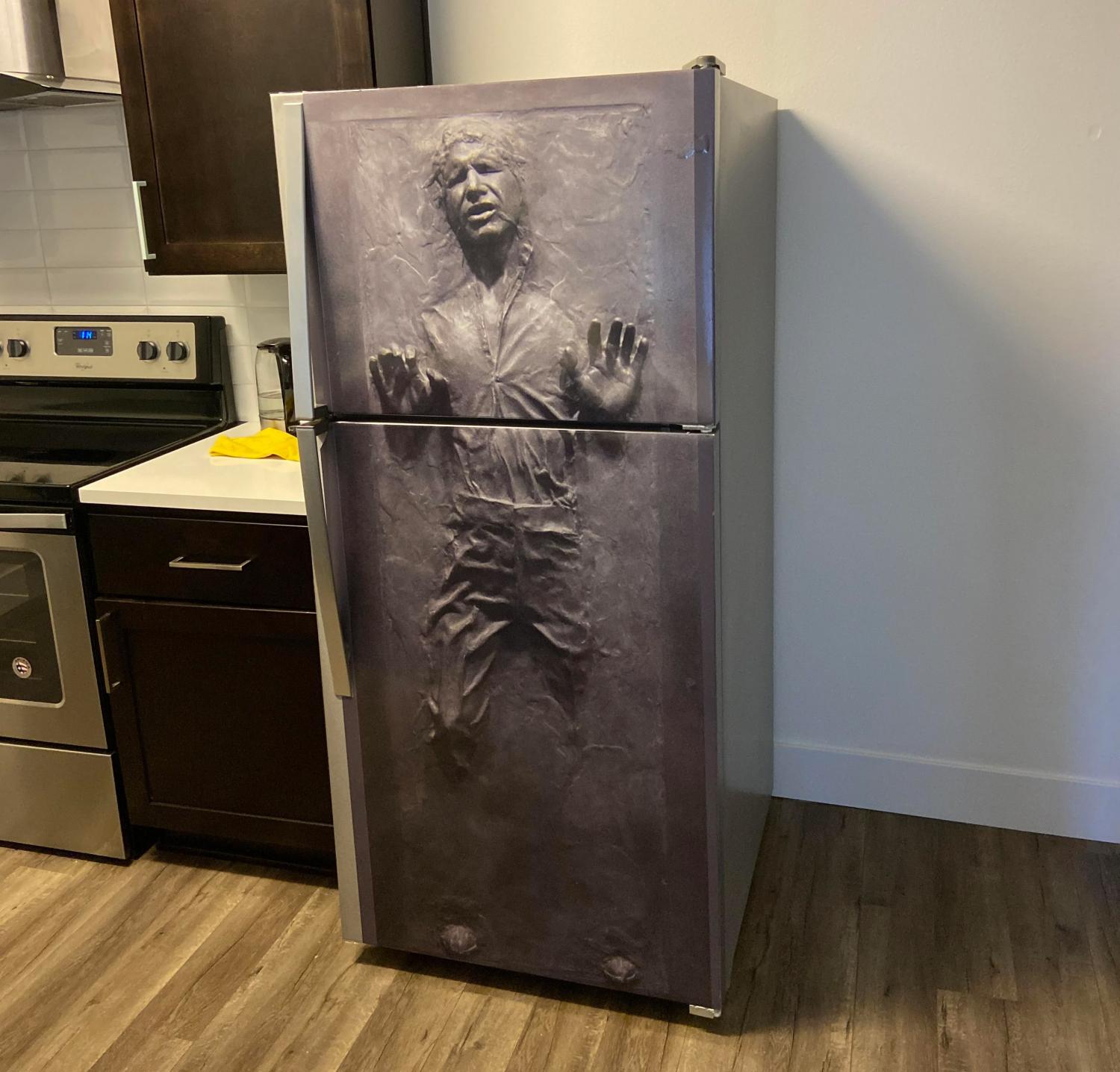 Han Solo Stuck in Carbonite Fridge Wrap - Vinyl refrigerator sticker decal Star Wars Han Solo Frozen In Carbonite