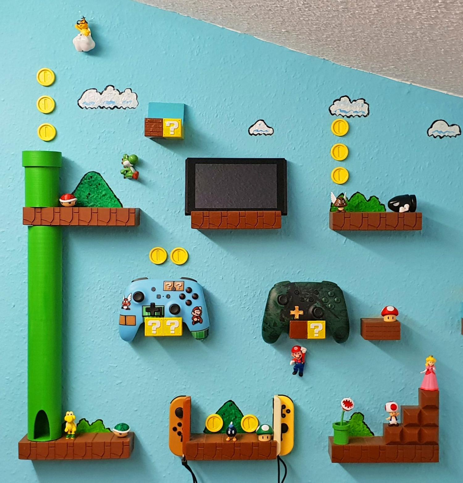 Super Mario Wall mounted game controllers holders - 3D mario level on wall