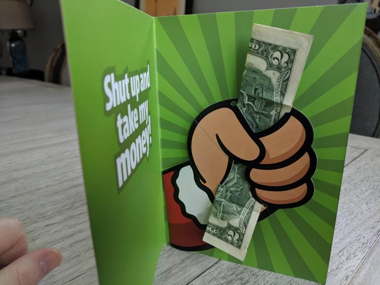 Shut up and take my money Christmas card - Hand giving cash pop-up Christmas card