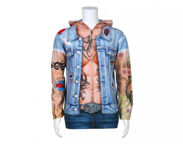 Tattoos and Jean Jacket Zip-up Hoodie - Full print tattoo and denim vest costume hoodie - Funny biker hoodie