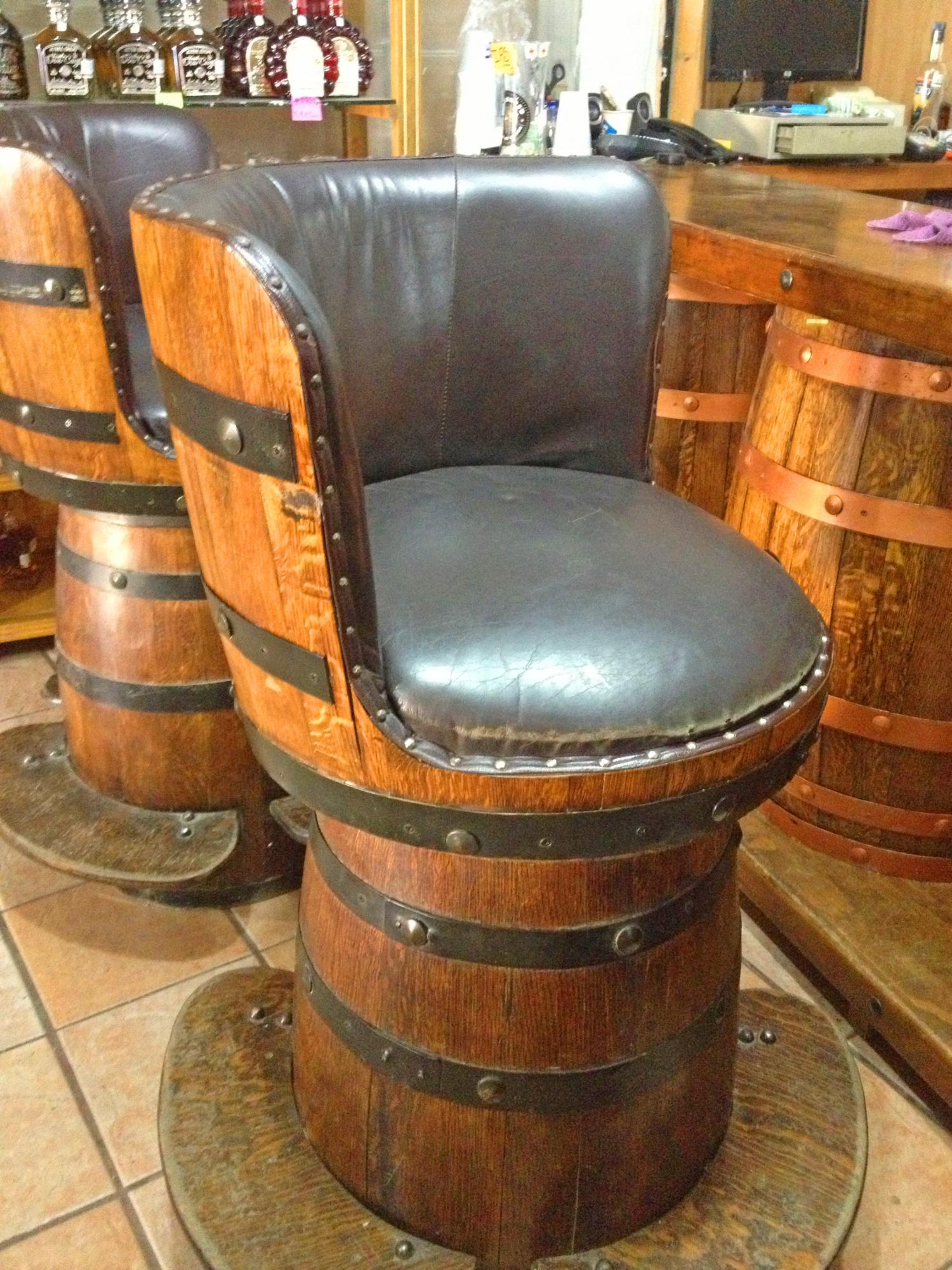 wine barrel bar with stools