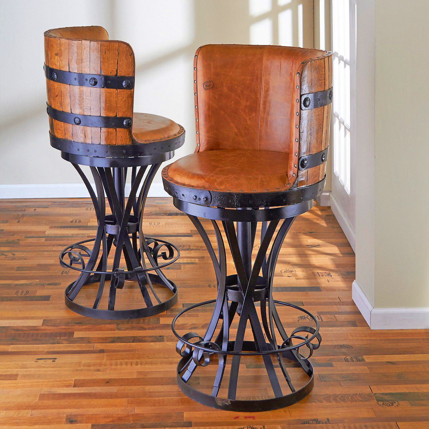 wine barrel bar with stools