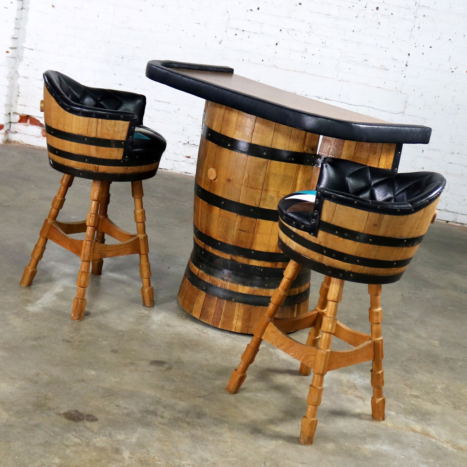 wine barrel and stools