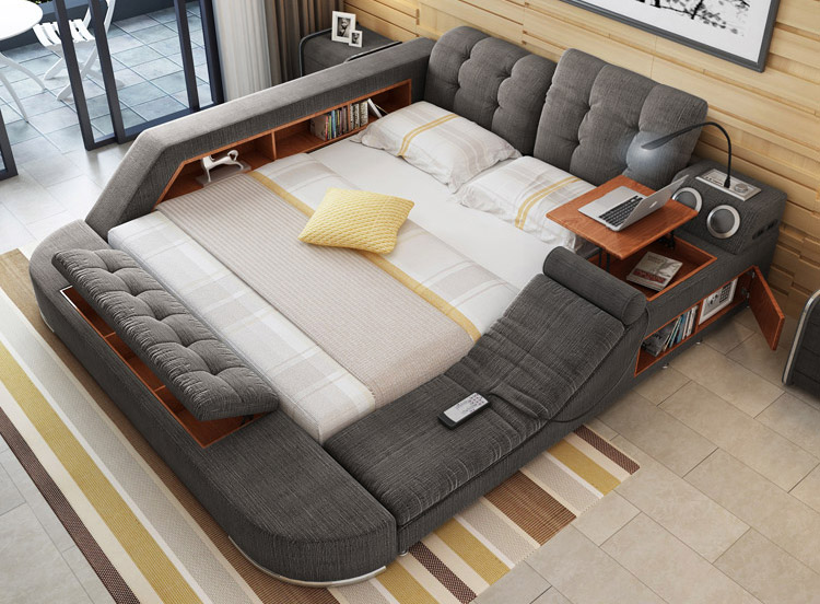 bed with chairs and shelves