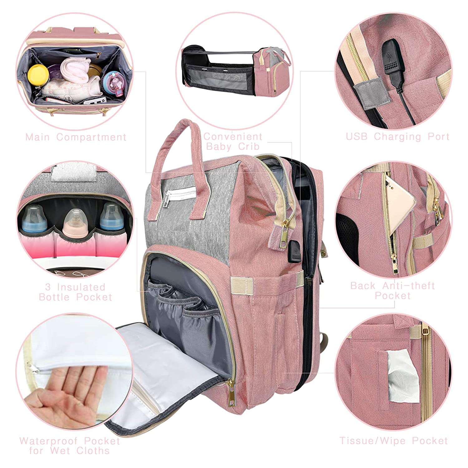 3 In 1 Diaper Bag Backpack With Changing Station, Diaper Bags For