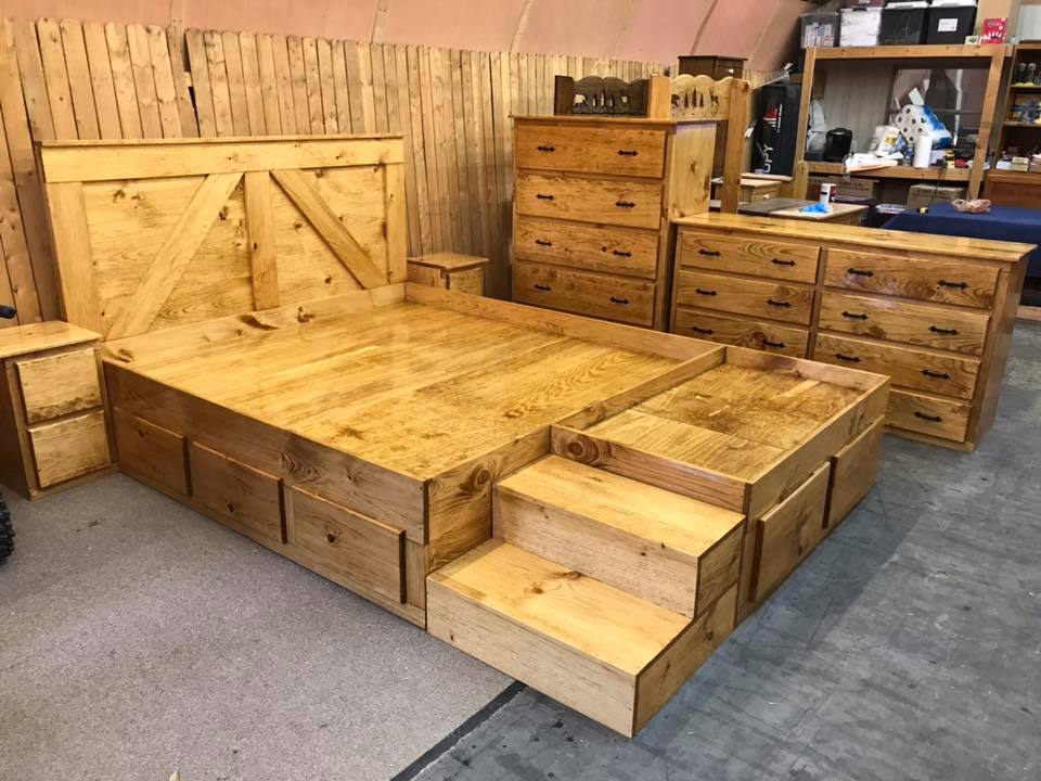 This Wooden King Bed Has Built In Stairs Along With Extra Space At The End Of It For Your Dogs