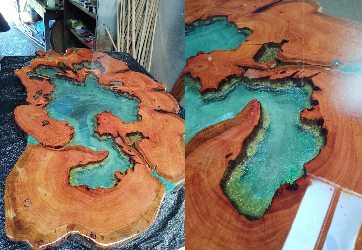 A stunning epoxy table made from a Monterey cypress slab made to look like a clear lake which you can see straight to the bottom A stunning epoxy table made from a Monterey cypress slab made to look like a clear lake which you can see straight to the bottom