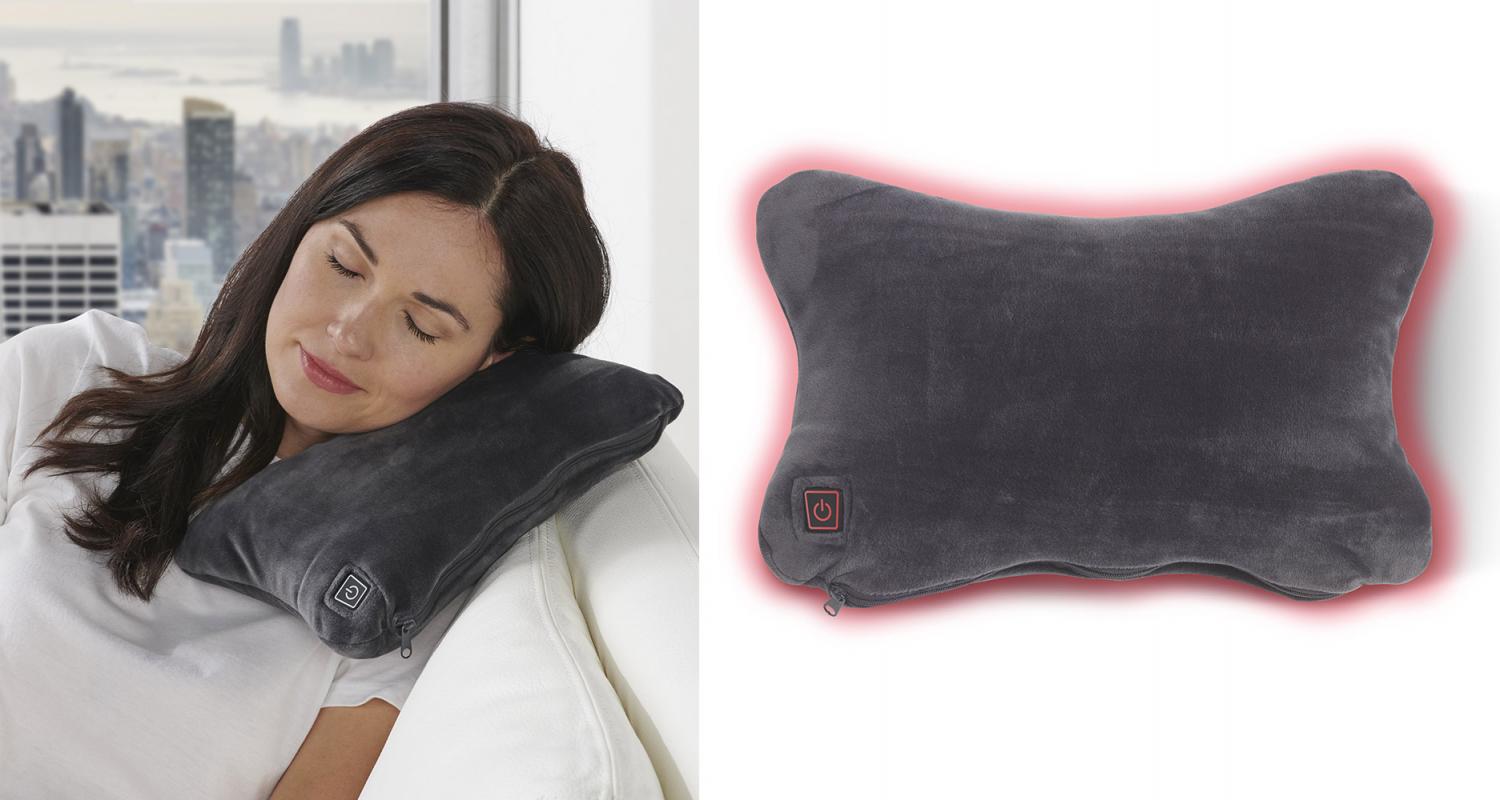 cordless massaging pillow that pairs gentle warmth with soothing vibration