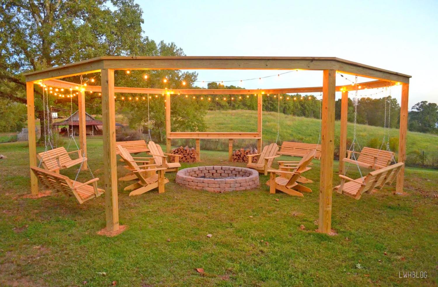 DIY Backyard Pergola With Swings - Wooden Fire Pit Pergola With Swings