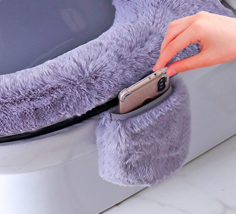 Fluffy Toilet Seat Cover With Phone Pocket Holder and Fluffy Handle