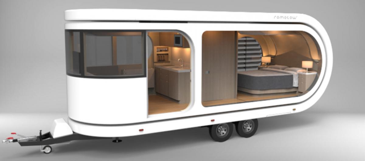Futuristic Camping Trailer Rotates Around To Reveal Huge Party Deck - Romotow swiveling luxury camper