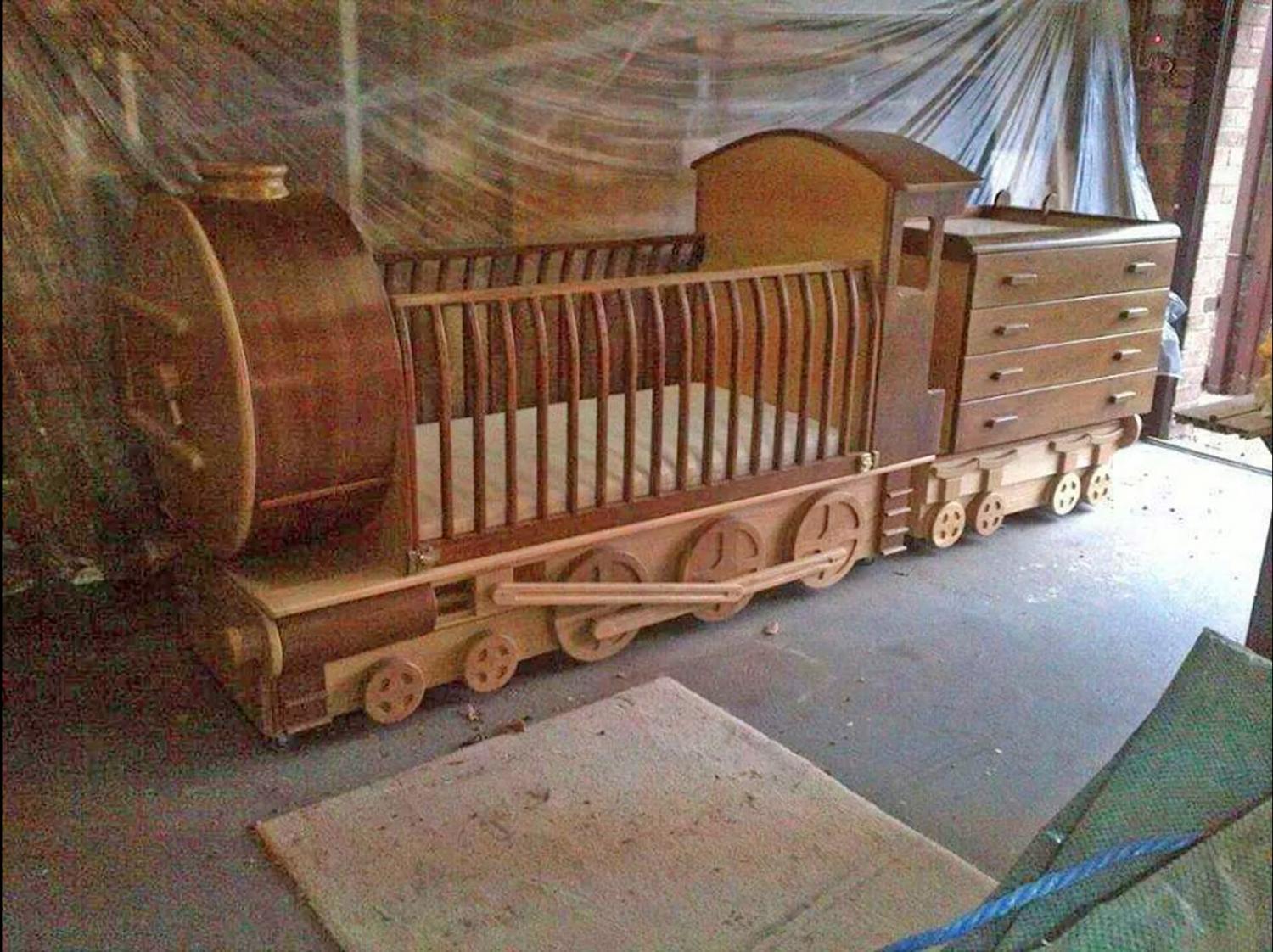 Handmade wooden train crib - Woodworking train baby crib with dresser train car