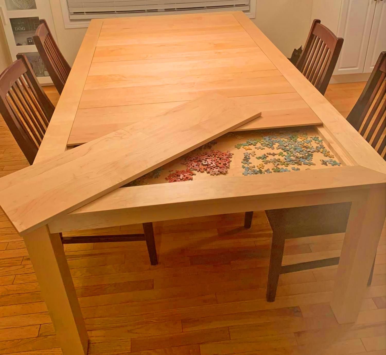 Dining Table Has a Hidden Game/Puzzle Compartment Under The Surface - Wooden custom dining table with puzzle or board game area