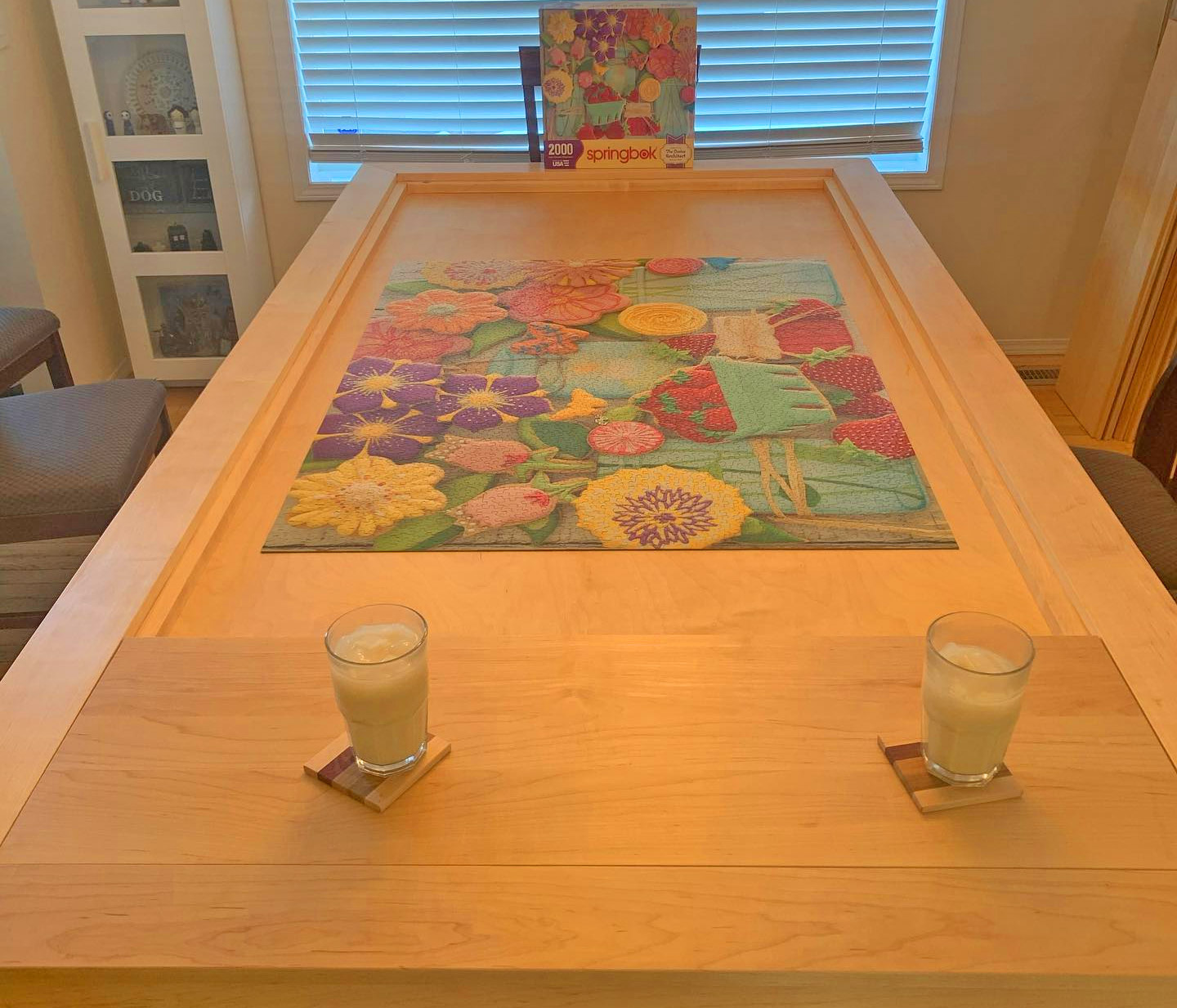 Dining Table Has a Hidden Game/Puzzle Compartment Under The Surface - Wooden custom dining table with puzzle or board game area