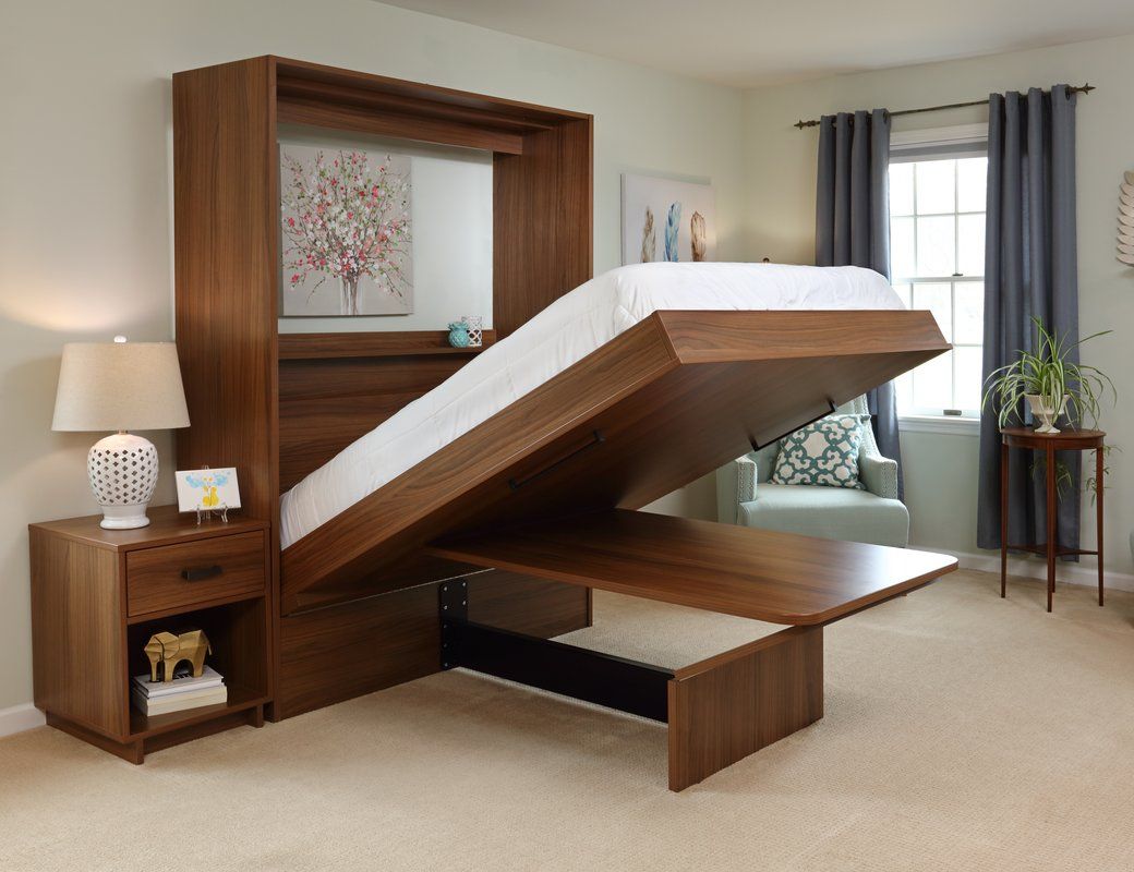 murphy bed with sofa desk and bookshelves