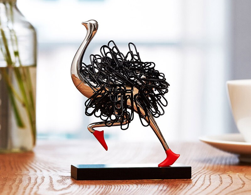 Magnetic ostrich paperclip holder