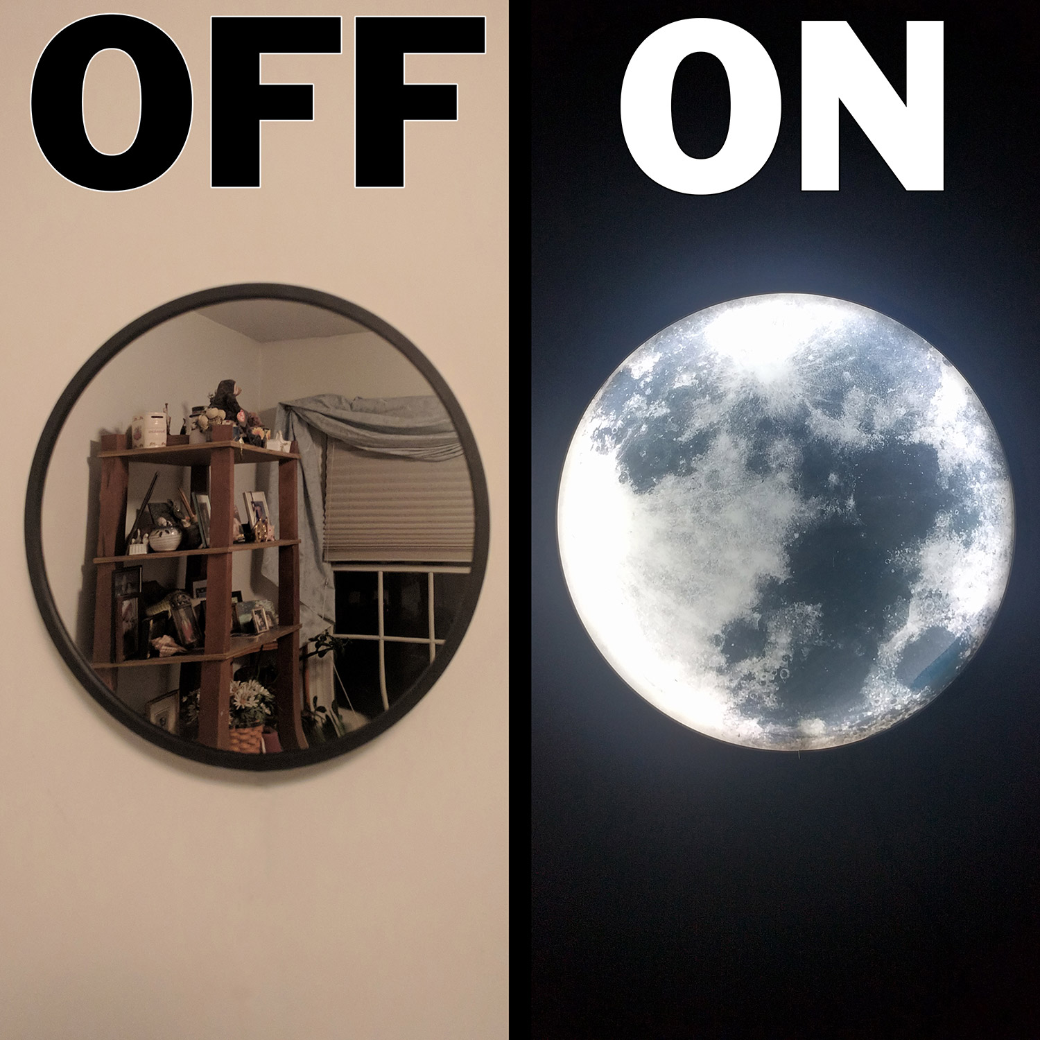 Moon Mirror - Mirror by day, Illuminated moon night-light by night