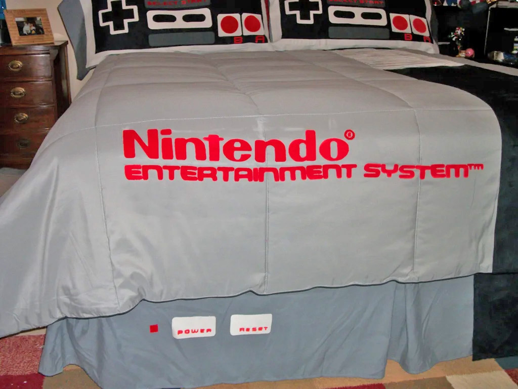 Nintendo Bedding Set - Geeky NES game console bedspread and pillowcases